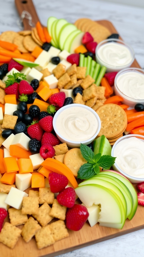A beautiful party snack platter featuring assorted cheeses, fresh vegetables, dips, and fruits, perfect for a lively gathering.